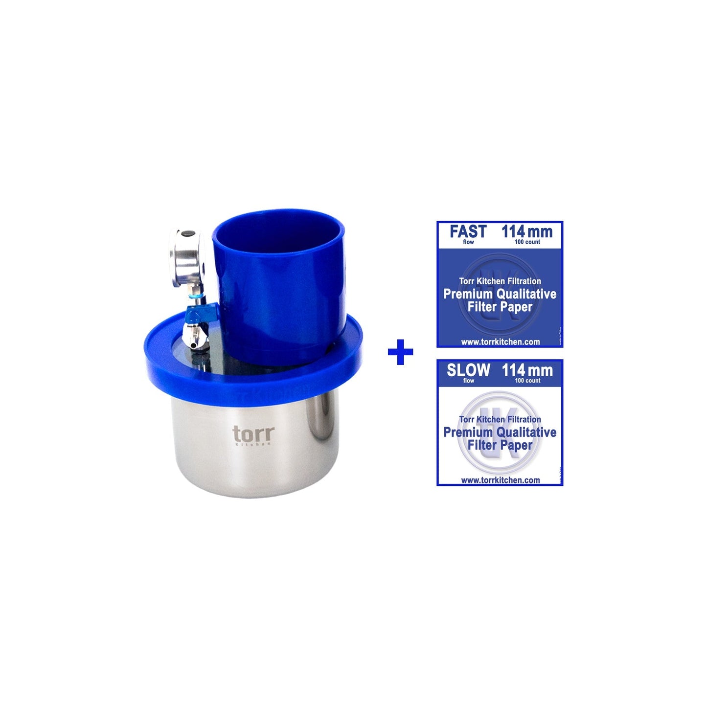 Filtration Station 1L: funnel, gauged lid, and stainless vessel plus fast and slow filter papers
